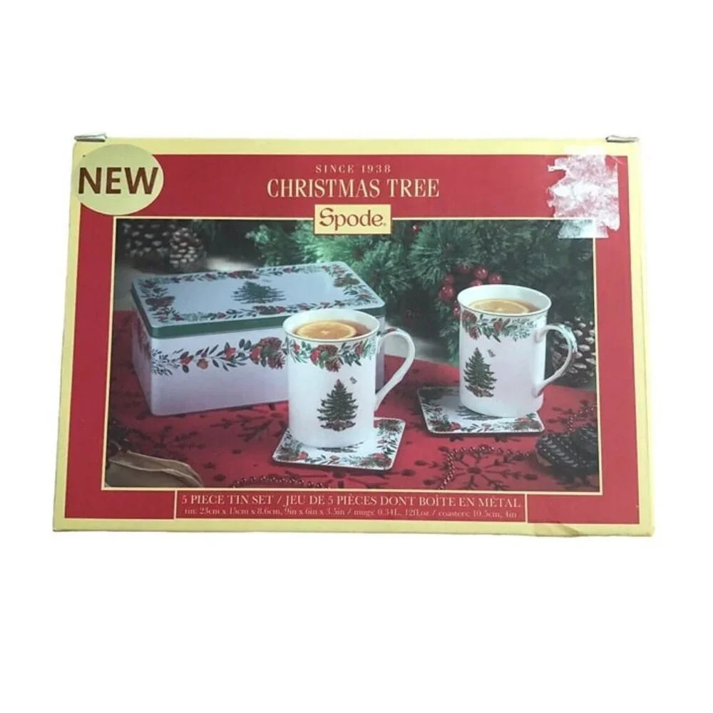 SPODE "Christmas Tree" 5 piece Tin Set 2 Mugs/Cups 12oz 2 Coasters Holiday Xmas